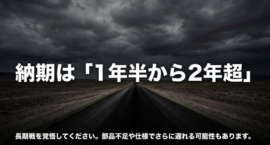 ジムニーノマドの納期が1年半から2年超になる可能性を示すスライド