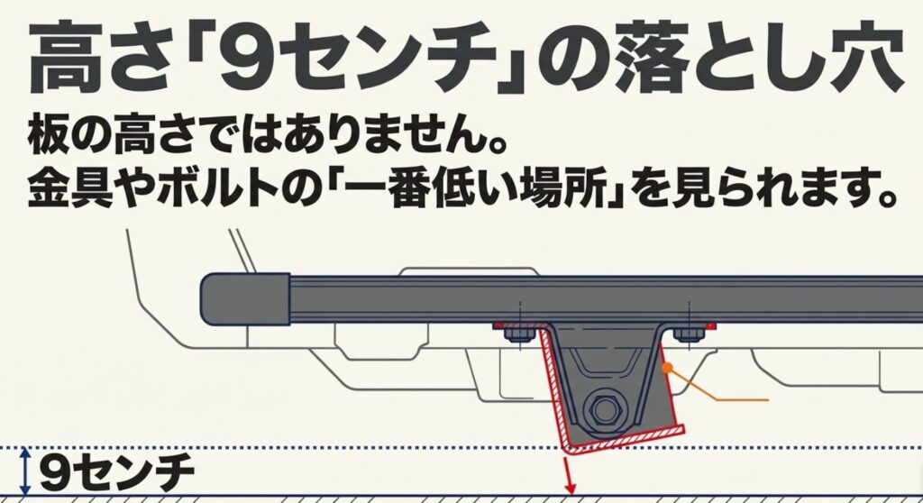 サイドステップ本体ではなく、ステーやボルトなど最も低い位置が最低地上高9cmの判定対象になることを示した図