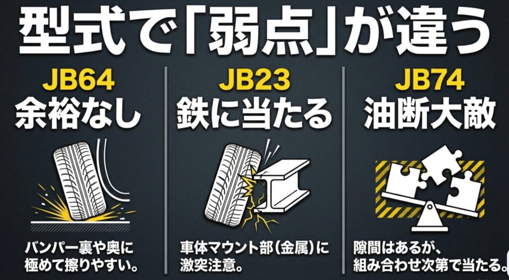JB64は余裕が少なく、JB23は金属のボディマウントに当たりやすく、JB74は組み合わせ次第で干渉することを比較したスライド