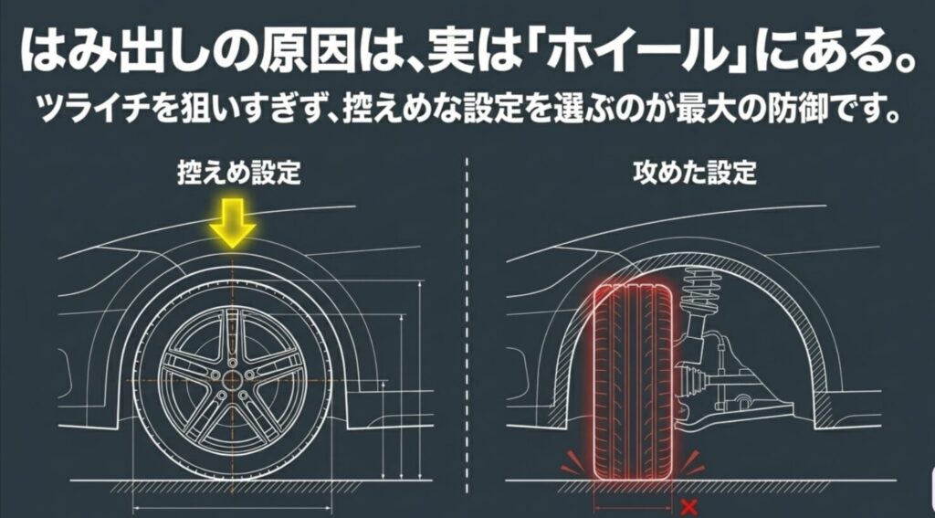 控えめなホイール設定と攻めた設定でジムニーの195R16の出面が変わることを示す図
