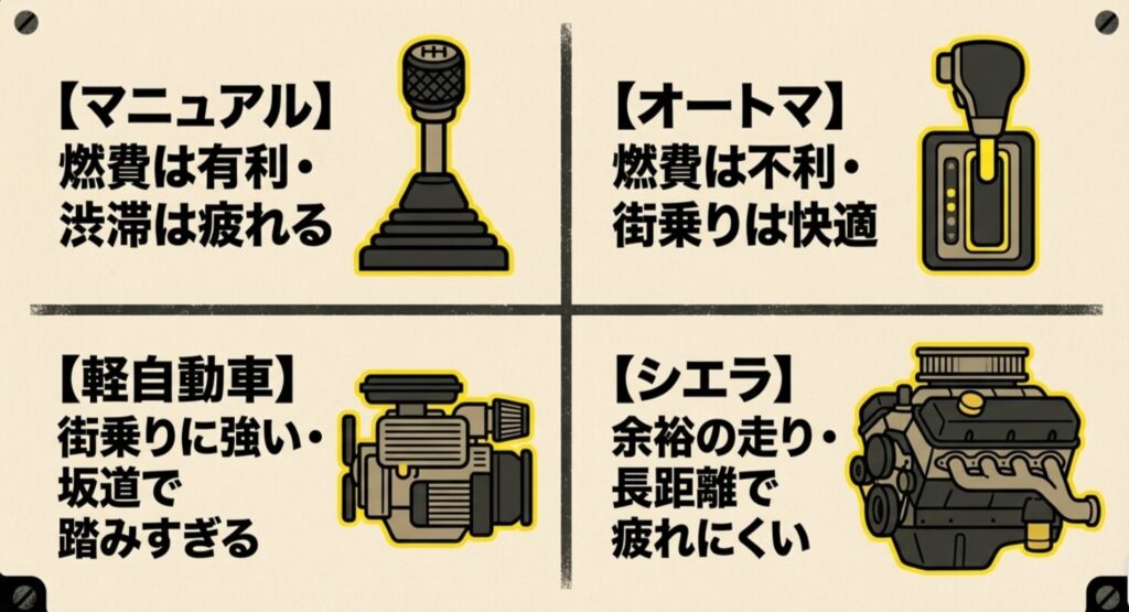 マニュアルとオートマの燃費傾向や、軽ジムニーとシエラの走りの違いを整理した比較スライド