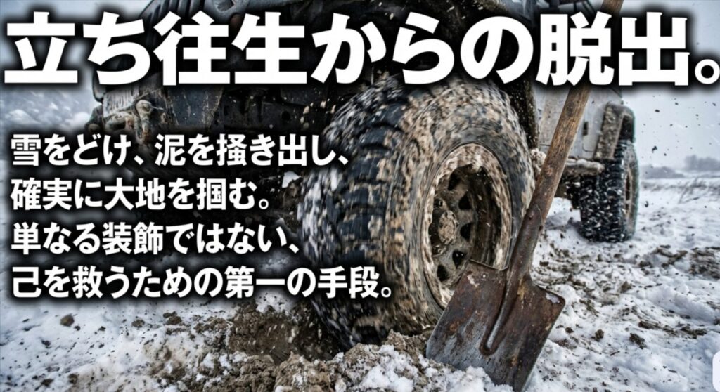 雪と泥にはまった四駆のタイヤ付近にスコップが立てかけられ、雪や泥を掻き出して脱出する実用性を示したスライド