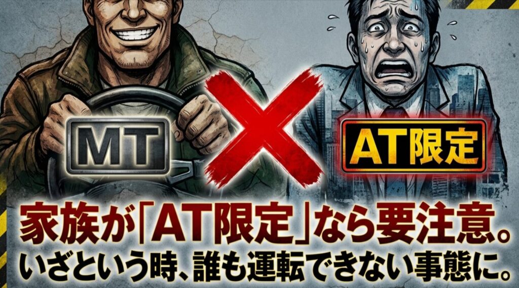 ジムニーMTオーナーとAT限定免許の家族を描いたイラスト。家族が運転できない問題点を警告する画像