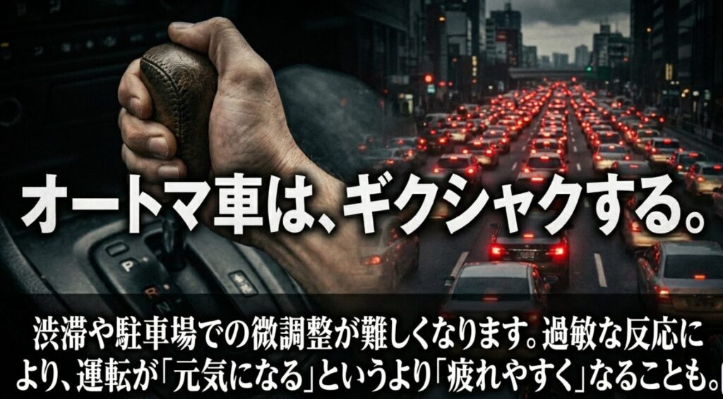 シフトレバーと渋滞の道路を背景に、オートマ車ではスロコンの過敏な反応で渋滞や駐車場での微調整が難しくなり、疲れやすくなることを示すスライド