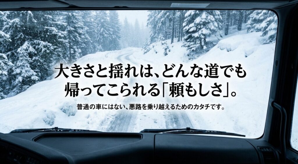 雪道をフロントガラス越しに見た景色と、大きさと揺れは悪路を帰ってこられる頼もしさだと伝えるスライド