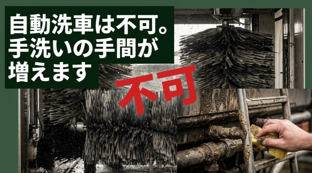 リアラダー装着車では自動洗車機が使いにくく手洗いの手間が増えることを示すスライド