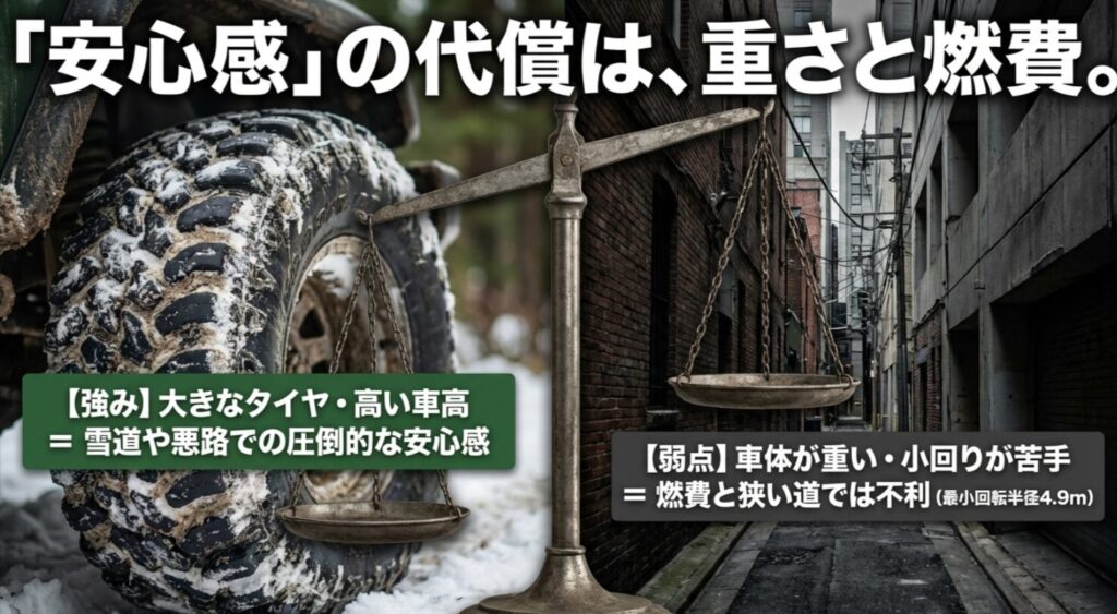 大径タイヤと高い車高による安心感の強みと、車重や小回りの弱みを対比したデリカミニ4WDの特徴スライド