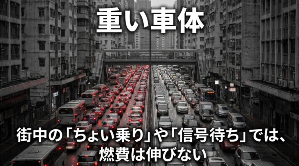 渋滞した街中の道路を背景に、デリカの重い車体はちょい乗りや信号待ちで燃費が伸びにくいことを示すスライド