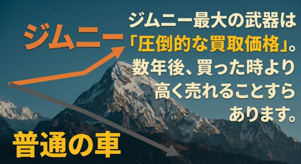 山の頂を背景に、ジムニーの価値は上昇矢印、普通の車の価値は下降矢印で対比されたスライド。「ジムニー最大の武器は圧倒的な買取価格。数年後、買った時より高く売れることすらある」と記載