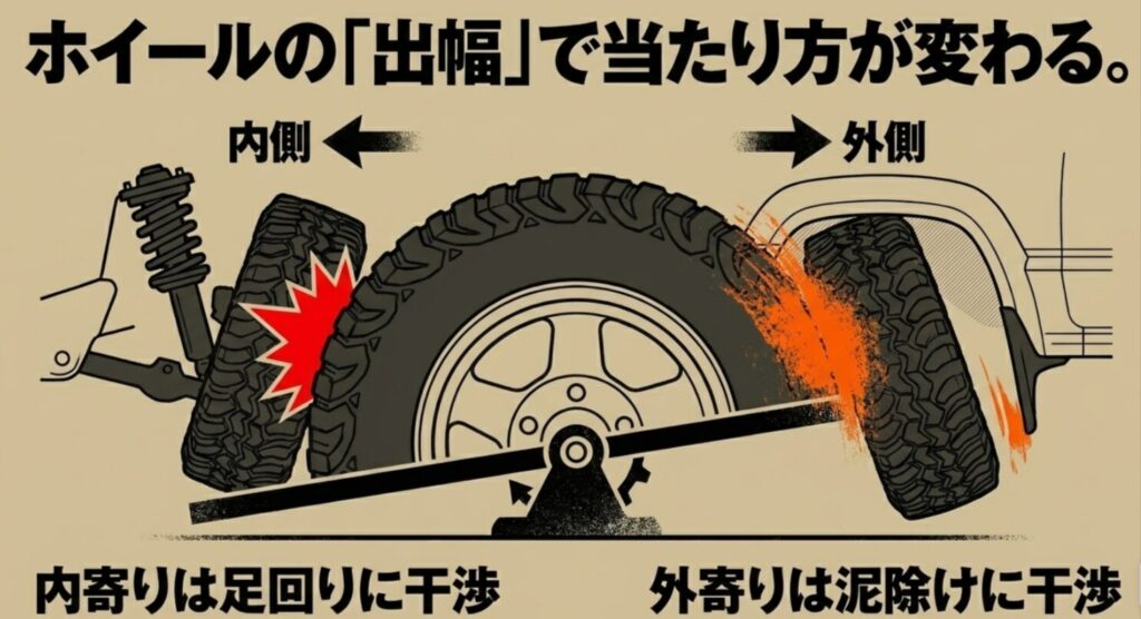 ホイールの出幅によって、内側では足回り、外側ではフェンダーや泥除けに干渉しやすくなることを示した図