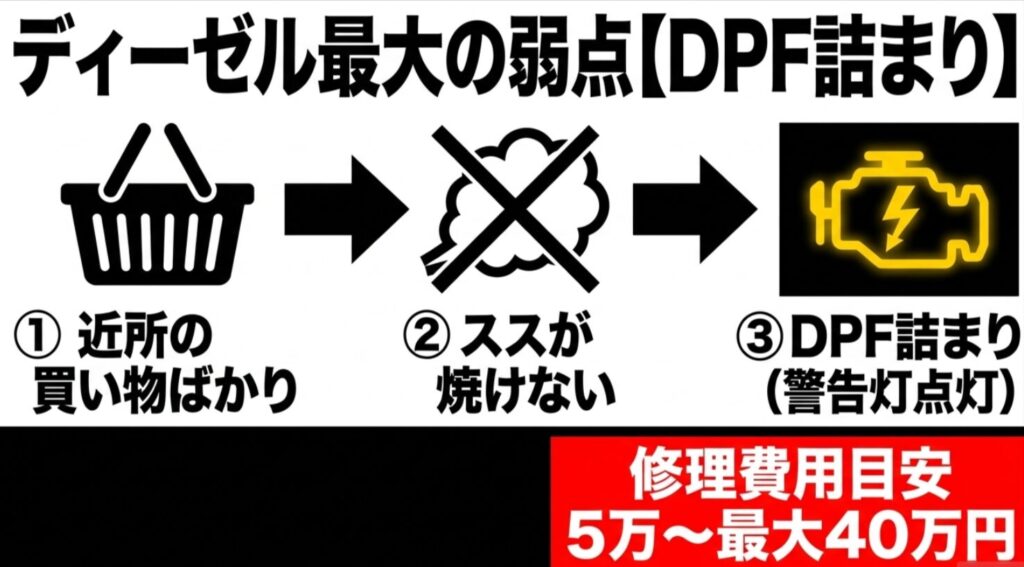 近所の買い物中心でススが焼けずDPF詰まりと警告灯につながる流れと修理費用の図
