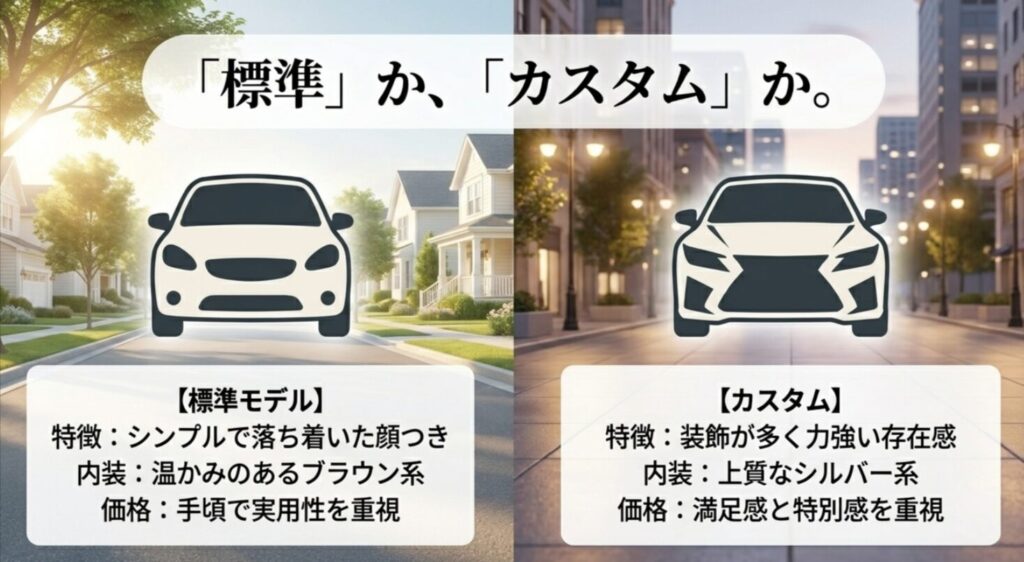 デリカD2の標準モデルとカスタムの外観、内装、価格の方向性の違いを比較したスライド