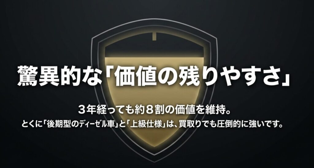 盾のアイコンを背景に、デリカD5は3年経っても約8割の価値を維持しやすいと示すスライド