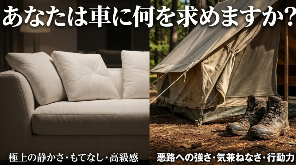 車に求める価値として、静かさや高級感と、悪路への強さや行動力を対比した比較スライド