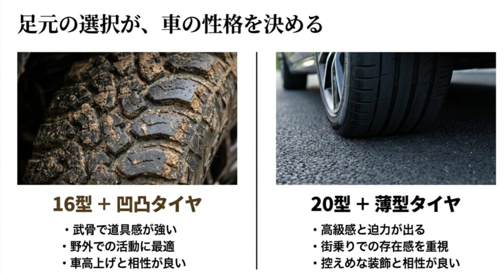 16インチの凸凹タイヤと20インチの薄型タイヤを比較し、足元で車の性格が変わることを示したスライド