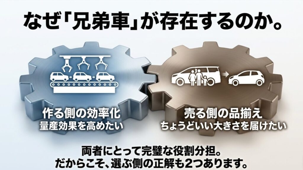 作る側の効率化と売る側の品揃えという二つの役割から、兄弟車が存在する理由を示すスライド