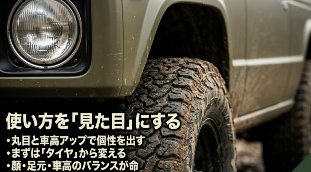 丸目ライトとオフロードタイヤを装着した旧型デリカ風車両の接写と、丸目や車高アップの考え方をまとめたスライド