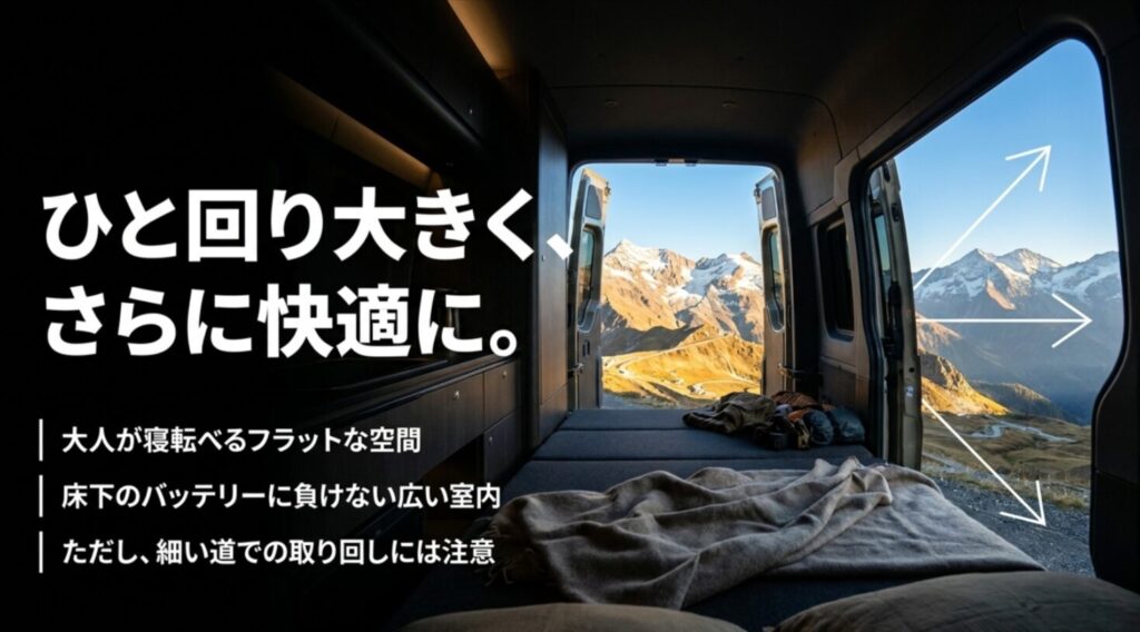 広い車内と山の景色を背景に、ひと回り大きく快適になり、大人が寝転べるフラット空間や広い室内を示したスライド