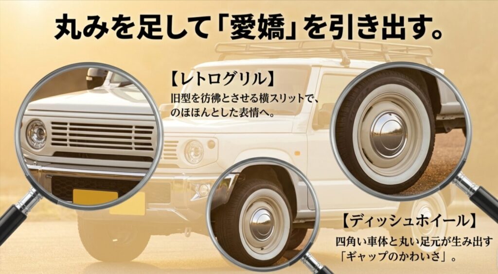白いジムニーにレトログリルとディッシュホイールを組み合わせることで、やさしく愛嬌のある印象が生まれることを示したスライド