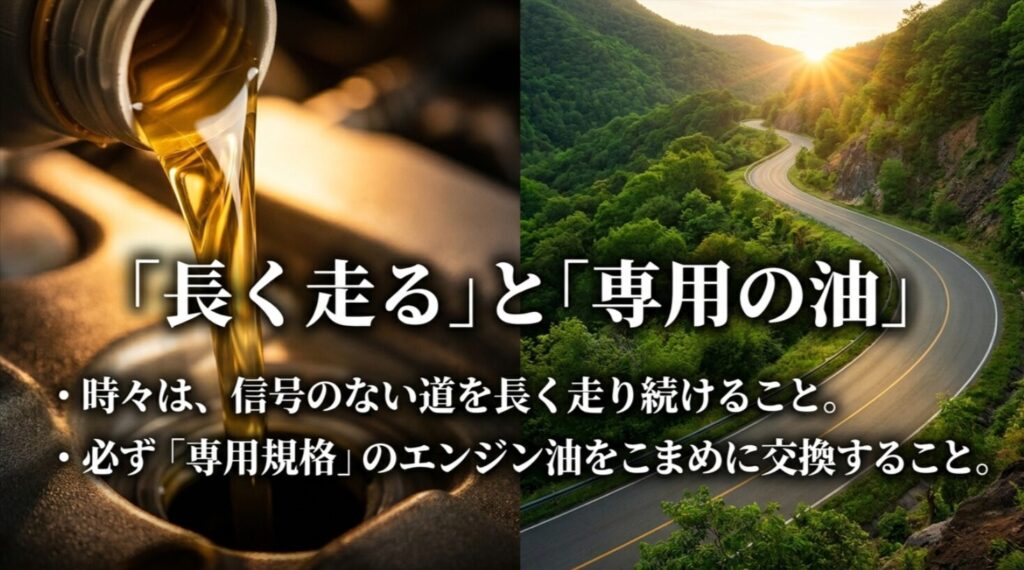 エンジンオイルと山道のイメージで、長く走ることと専用規格オイルの重要性を示すスライド