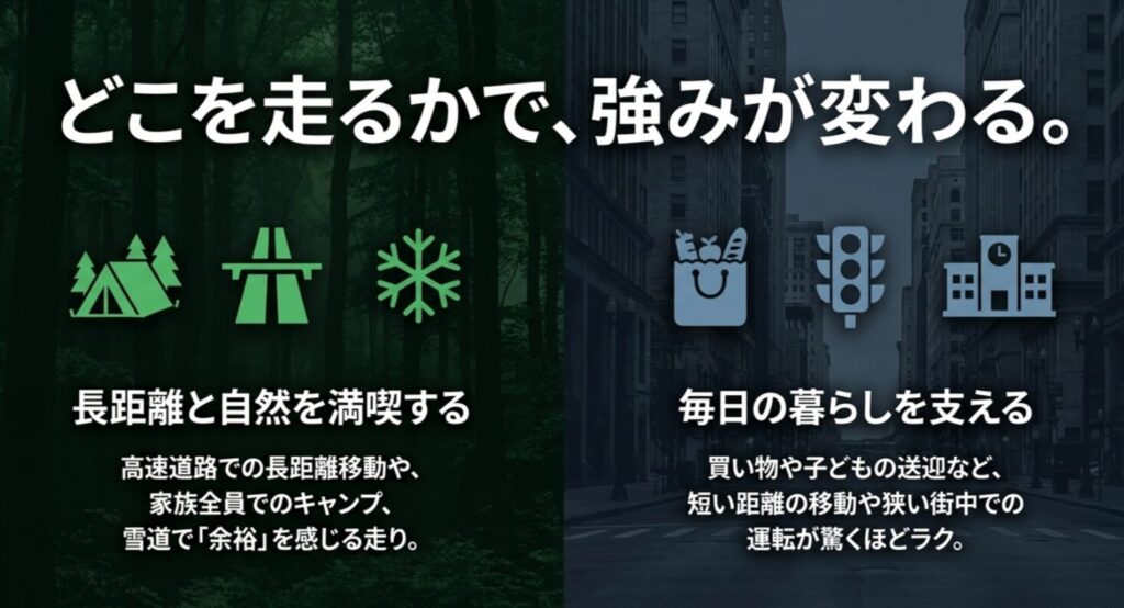 CV1Wは長距離や自然の道、CV5Wは街中や日常使いに向くことを示した比較スライド