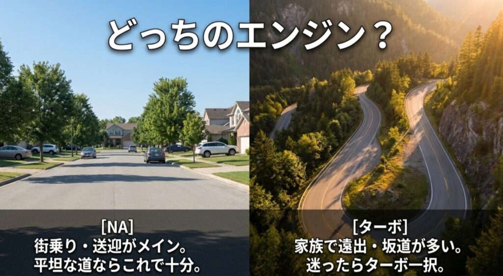 住宅街と山道の対比で、NAは街乗り向き、ターボは遠出や坂道向きと示したスライド