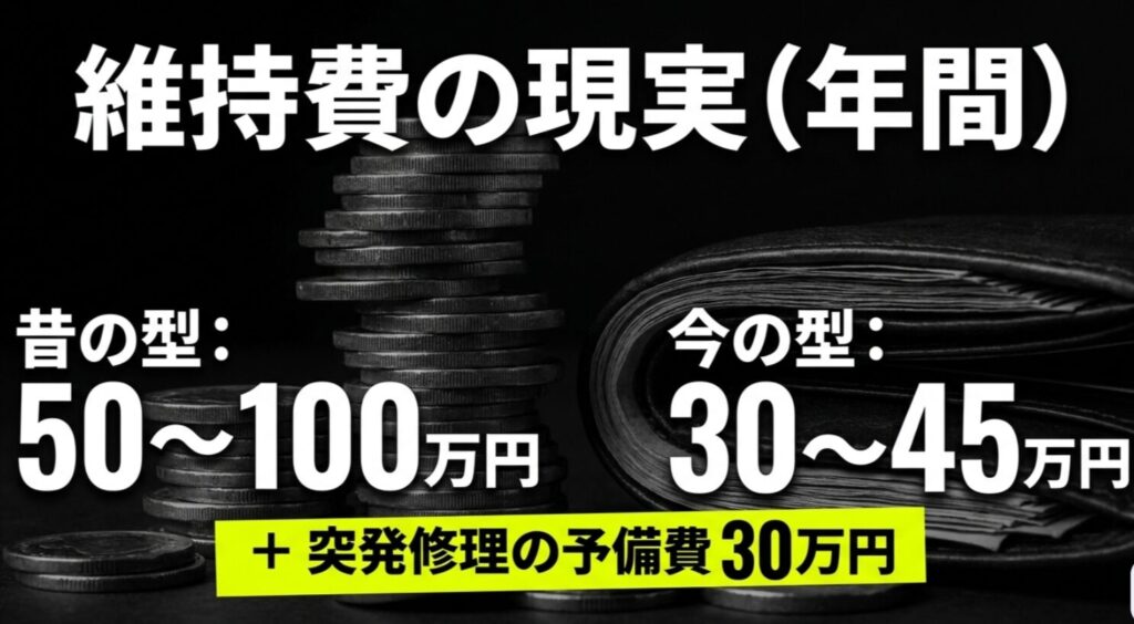 初代と現行の年間維持費目安と修理予備費30万円を示したスライド
