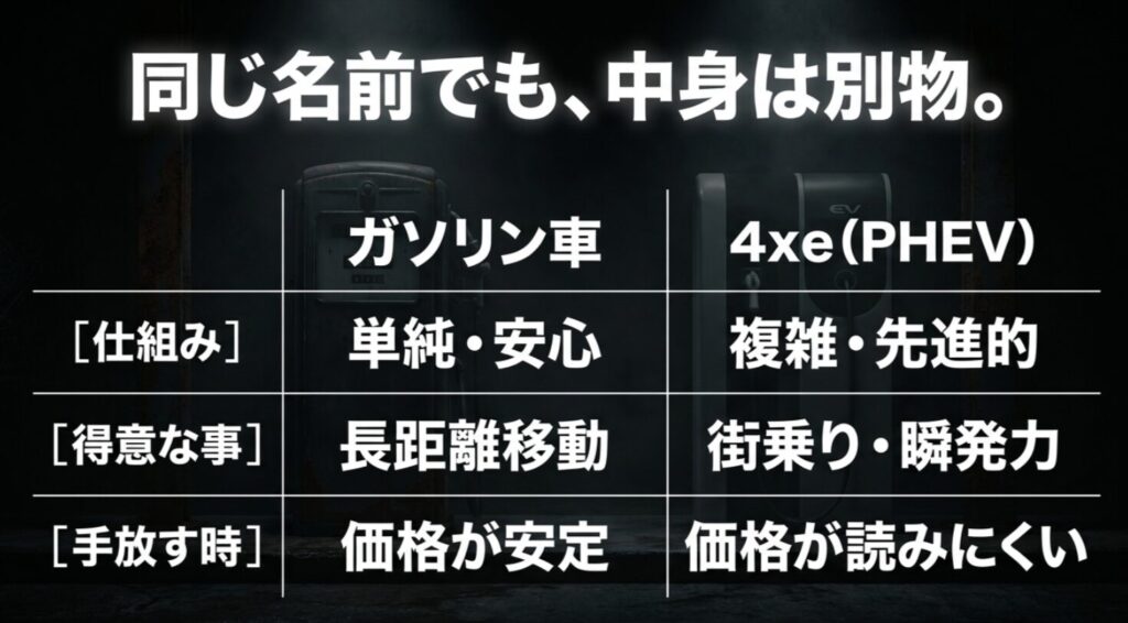 ガソリン車と4xeの仕組み、得意分野、手放す時の違いを比較したスライド