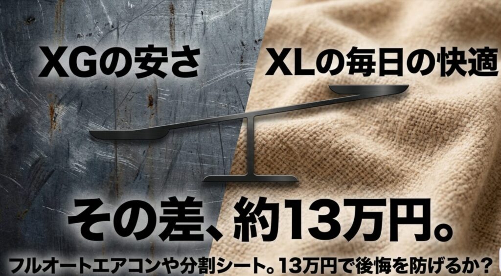 天秤のイメージでXGの安さとXLの毎日の快適さを比較し、差額約13万円の意味を示したスライド
