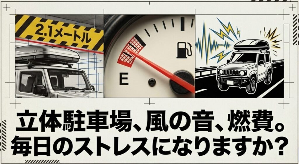 立体駐車場の高さ制限、風切り音、燃費悪化が日常の負担になるかを問いかけるスライド