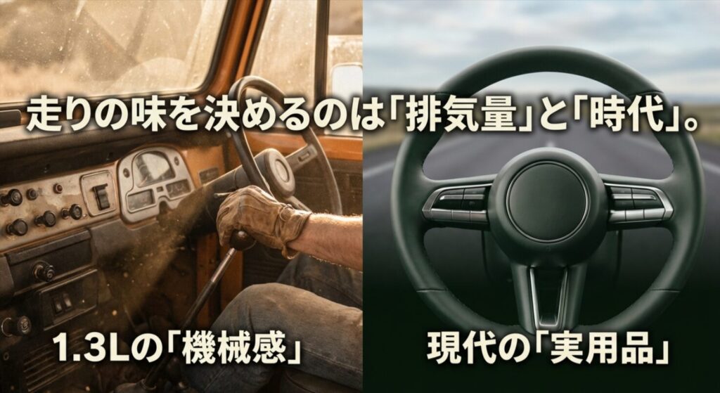 クラシックな1.3Lの機械感と現代ジムニーの実用的な走りを対比したスライド
