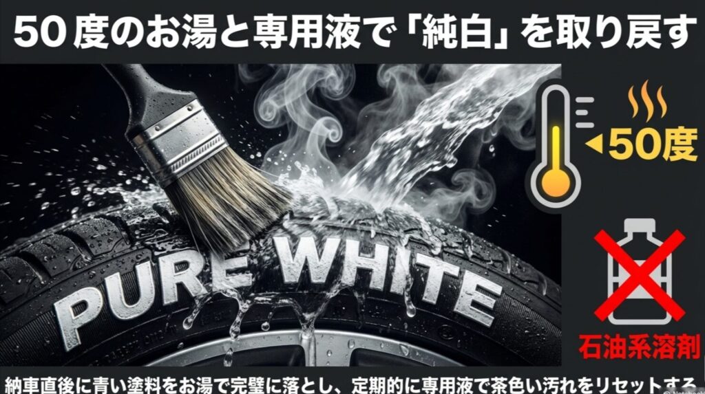 50度のお湯と専用液を使用してホワイトレターの青い塗料や茶色い汚れをリセットする方法の図解