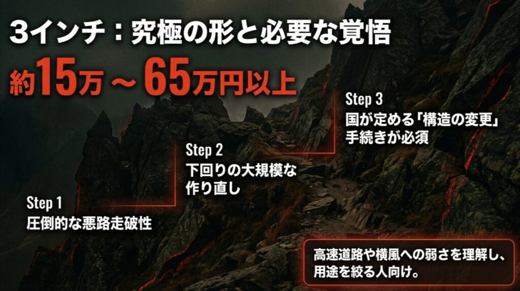 3インチアップは約15万から65万円以上で構造変更や下回りの大規模な見直しが必要になることを示すスライド