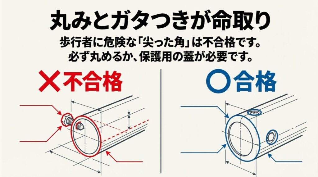サイドステップ端部の尖った角や露出した金具は不合格、丸めた端部や保護処理は合格の目安であることを比較した図