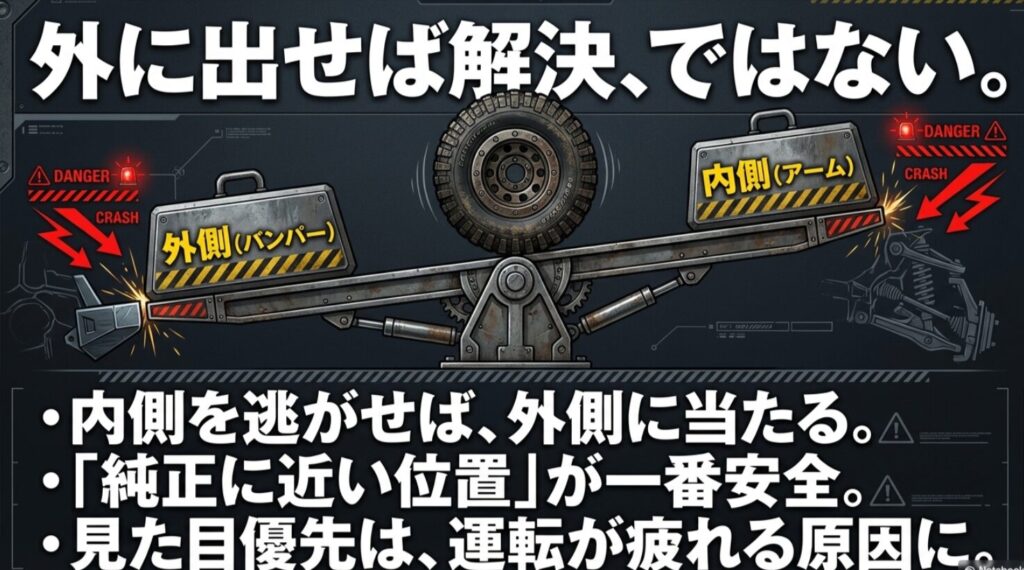 ホイールを外側へ出すと内側干渉は減るが外側のバンパー側へ当たりやすくなり、純正に近い位置が安全であることを示すスライド
