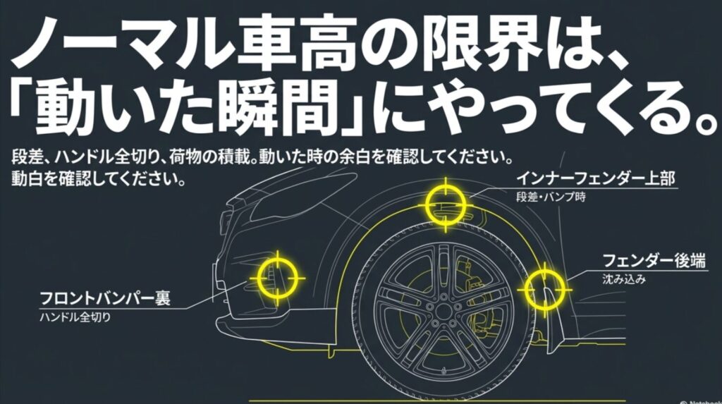 ジムニーのノーマル車高で195R16がフロントバンパー裏やインナーフェンダー後端に干渉しやすい位置を示す図