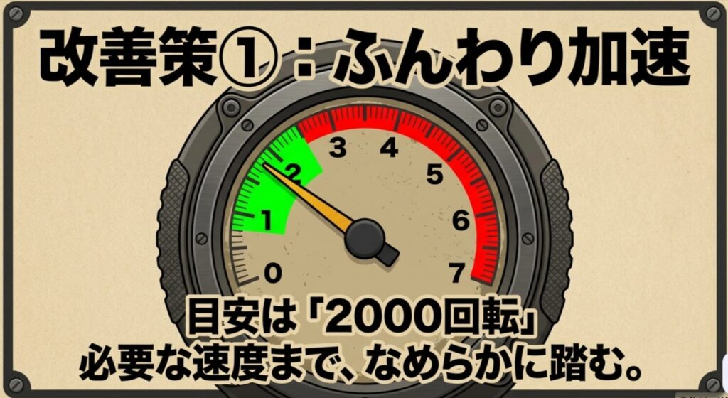 新型ジムニーの燃費改善では2000回転を目安になめらかに加速することが大切だと示したスライド