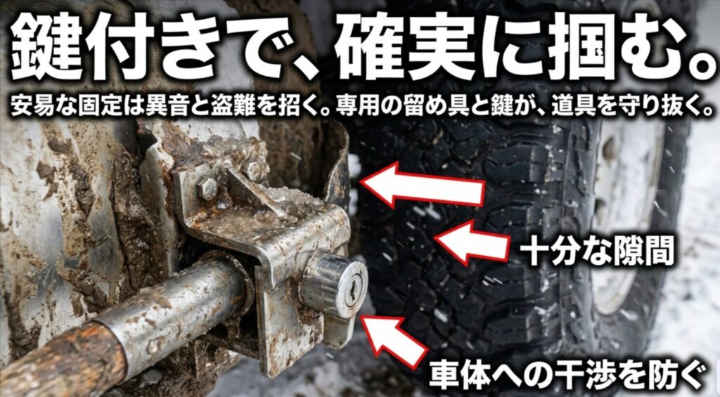 背面タイヤ横のスコップ固定部に鍵付きホルダーを装着し、車体との干渉を避けながら確実に固定する様子を示したスライド