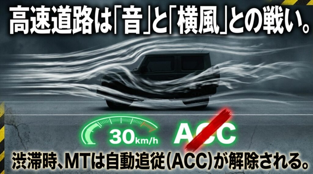 ジムニーMTの高速走行時における風切り音・横風問題と、渋滞時に自動追従ACC機能が30km/hで解除されることを示す解説スライド