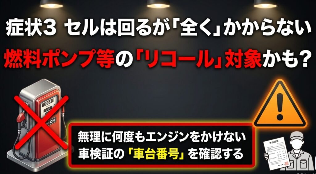 セルは回るのに全くかからない場合に、燃料ポンプなどのリコール対象や車台番号確認を促す図