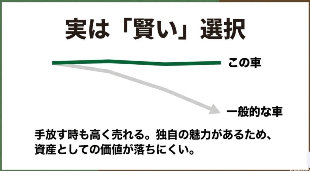 一般的な車より価値が落ちにくく、手放す時も高く売れやすいことを示したリセール解説スライド