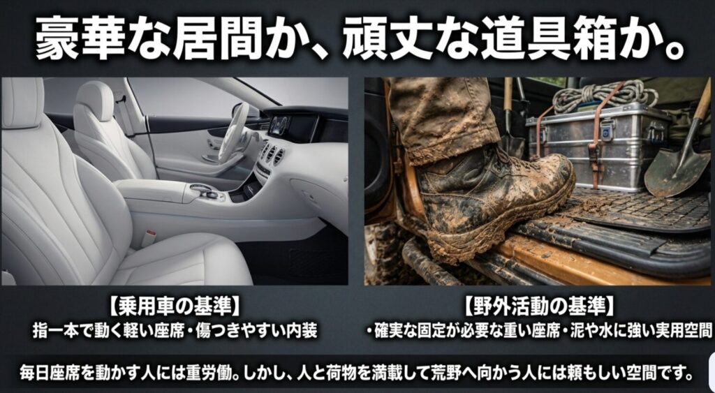 上質な乗用車内装と泥に強い実用空間を対比し、デリカの3列目や内装の考え方を示すスライド