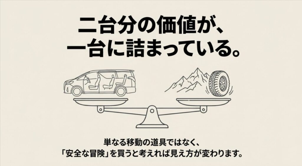 ミニバンとオフロード性能の天秤イラストで、二台分の価値が一台に詰まっていることを示す価格スライド