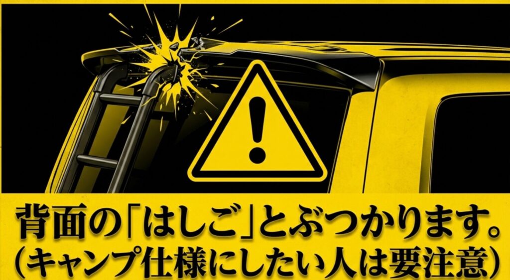 デリカのリアラダーとリアスポイラーが接触するイメージを使い、キャンプ仕様では干渉リスクがあることを伝えるスライド