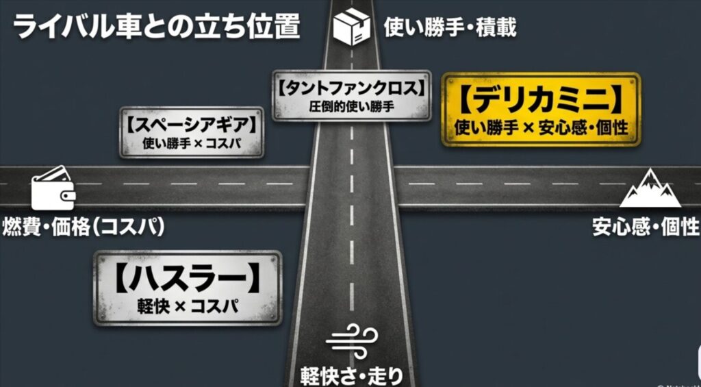 デリカミニ、ハスラー、タントファンクロス、スペーシアギアを、コスパ・使い勝手・安心感・個性で比較したポジション図