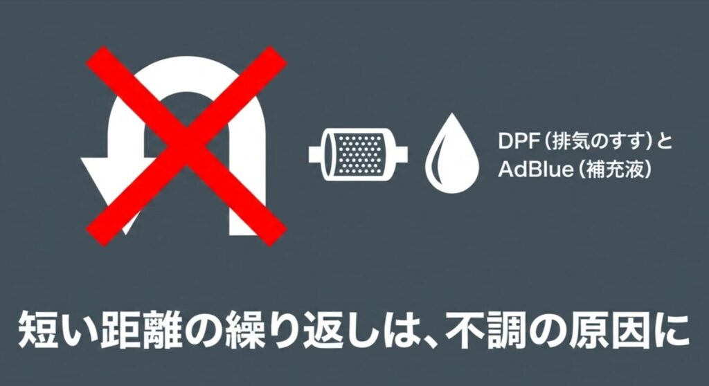 Uターン禁止のマークとDPF、AdBlueのアイコンで、短い距離の繰り返しが不調の原因になりやすいことを示すスライド