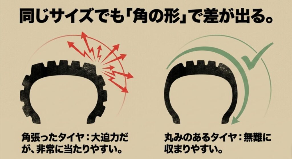 同じサイズでも角張ったタイヤは干渉しやすく、丸みのあるタイヤは収まりやすいことを示した比較図
