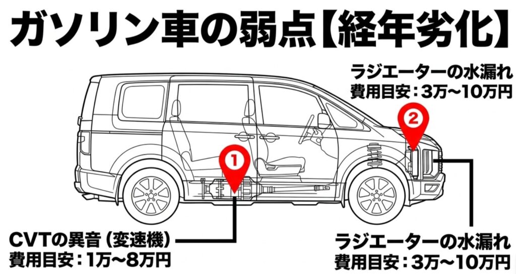 ガソリン車のCVT異音とラジエーター水漏れの位置と費用目安を示した図
