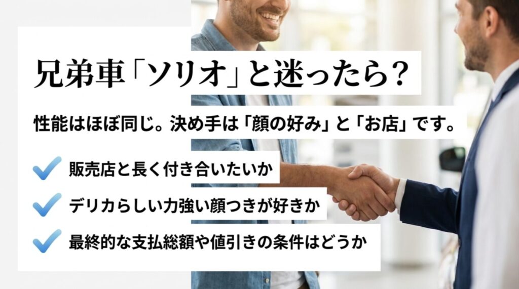 デリカD2とソリオは性能が近く、顔の好み、販売店との付き合いやすさ、支払総額で選ぶとわかる比較スライド