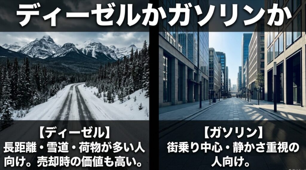 雪道と街並みの対比で、長距離や雪道向きのディーゼルと街乗り向きのガソリンの違いを示すスライド